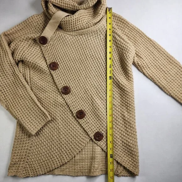 Grecerelle Cowl Neck Women's Small Asymmetric Wrap Sweater Chunky Pullover Tan - Picture 9 of 11